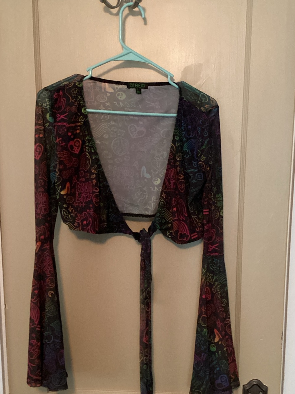Black Rainbow Print Tie-Front Bell sleeve Crop Top